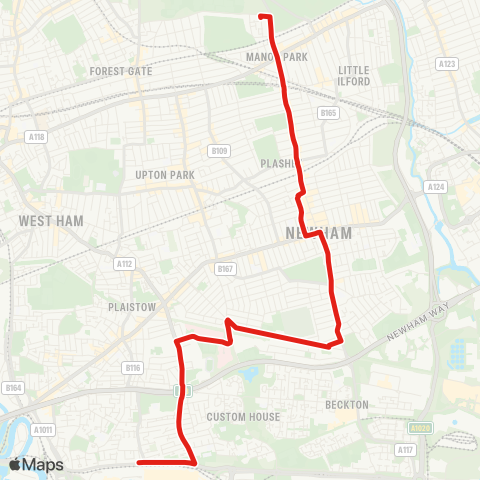 TfL Custom House Sta - Newham Univ Hosp - Lonsdale Av - E Ham - Manor Pk map
