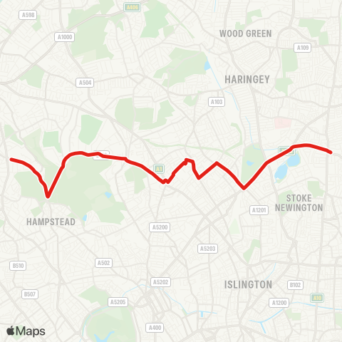 TfL Stamford Hill - Woodberry Down - Manor House - Finsbury Pk - Stroud Green - Hornsey Rise - Archway - Whittington Hosp - Highgate Village - Hampstead Heath - Golders Green map