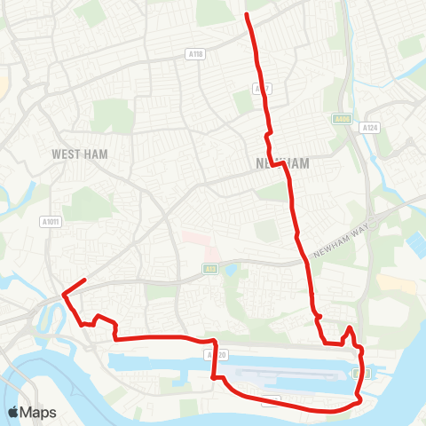 TfL Canning Town, Barking Rd - Canning Town Sta - Keir Hardie Estate - Custom House - London City Airport - N Woolwich - Cyprus - Beckton - E Ham - Manor Pk map