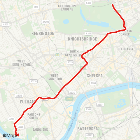 TfL Putney Bridge - Fulham Bway - S Kensington - Knightsbridge - Hyde Pk Corner - Marble Arch map