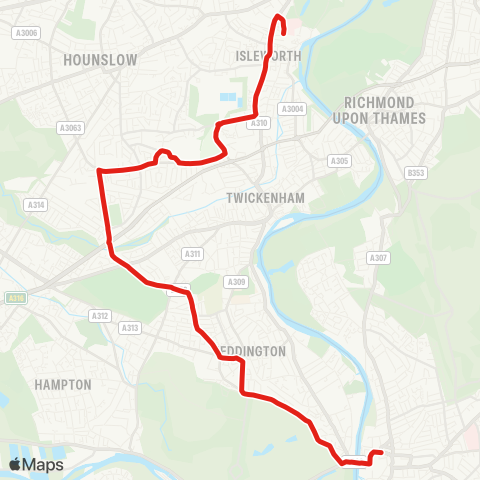 TfL Kingston - Sandy Ln - Teddington - Fulwell - Whitton Corner - Kneller Hall - Twickenham Stadium and Tesco - Isleworth, War Mem and W Middlesex Hosp map