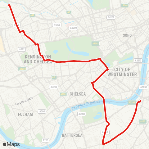 TfL Ladbroke Grove, Sainsbury's - Notting Hill Gate - Knightsbridge - Sloane Square - Chelsea Bridge - Battersea Pk - Queenstown Rd - Wandsworth Rd - Nine Elms Sta - Vauxhall map