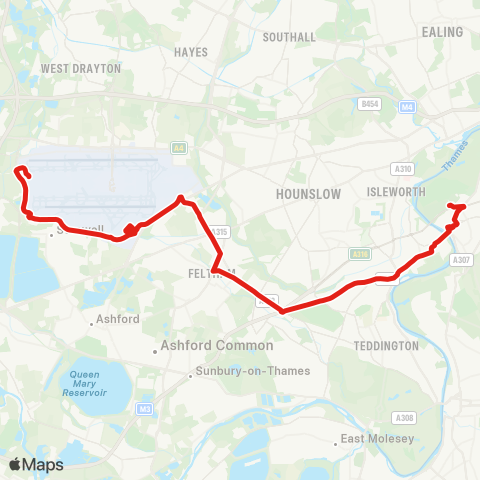 TfL Richmond, Pools On The Pk and Sta - Twickenham - Hanworth - Feltham - Hatton Cross - Heathrow Terminals 4 and 5 map