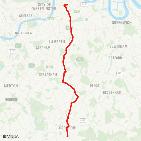 TfL S Croydon, S End - Croydon - Norwood - Tulse Hill - Herne Hill - Denmark Hill - Camberwell - Elephant & Castle map