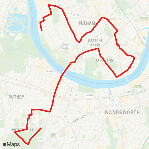 TfL Putney Heath - Putney - Hurlingham - Sands End - Fulham Bway - Munster Rd - Fulham, Craven Cottage map