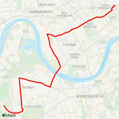 TfL Roehampton, Danebury Av - Dover House Rd - Putney Sta and High St - Putney Bridge - Fulham Cross - W Brompton - S Kensington map