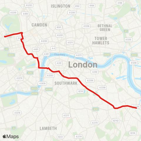 TfL Deptford Bridge - Old Kent Rd - Elephant & Castle - Lambeth N - Westminster - Oxford Circus - Marylebone map