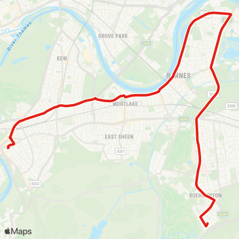 TfL Richmond - Manor Circus - Mortlake - Barnes Bridge - Lonsdale Rd - Castlenau - Barnes Sta - Roehampton, Bessborough Rd map