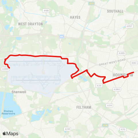 TfL Hounslow, Bus Sta - Hounslow Heath - Hatton Cross - Harlington Corner - Bath Rd - Compass Ctr - Heathrow Term 5 map