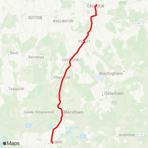 TfL Redhill - Merstham - Hooley - Coulsdon - Purley - S Croydon - Croydon, Town Ctr map