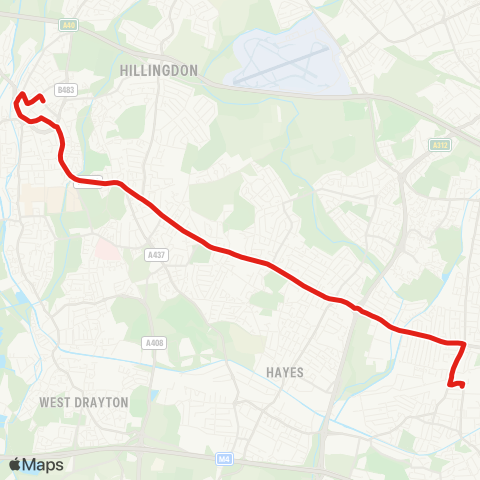 TfL Uxbridge - Hillingdon Hill - Hayes End - Hayes (Grapes) - Southall Bway - Soythall Sta - Southall, Merrick Rd map