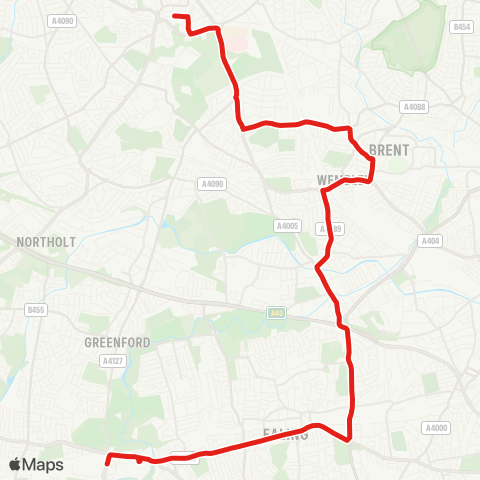 TfL Windmill Pk, Three Bridges - Ealing Hosp - Hanwell - Ealing, W, Bway and Common - Hanger Ln - Alperton - Wembley, Central and N - Northwick Pk Hosp, Harrow Bus Sta map