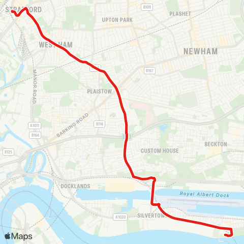 TfL N Woolwich - London City Airport - Prince Regent - Plaistow - Stratford map