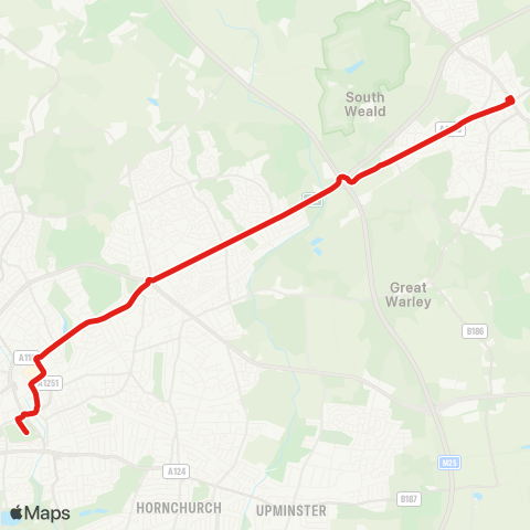 TfL Romford, Queens Hosp - Romford Sta - Gallows Corner - S Weald - Brentwood, Sainsbury's map