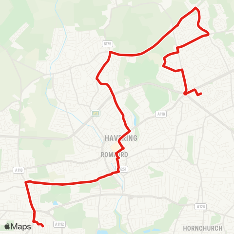 TfL Gallows Corner, Tesco - Harold Hill - Noak Hill - Rise Pk - Romford Sta - Queens Hosp - Crow Ln - Heath Pk Estate map