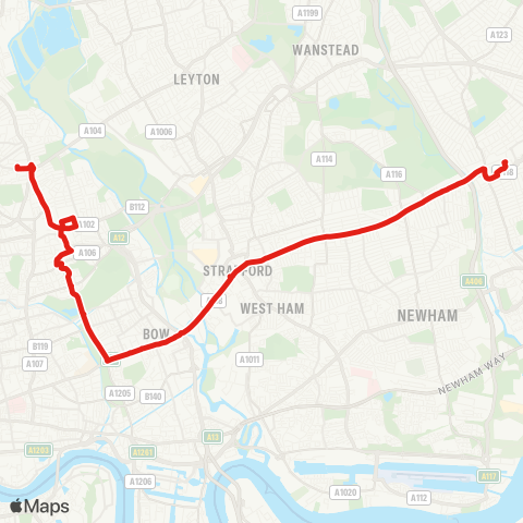 TfL Ilford - Manor Pk - Forest Gate - Stratford - Bow - Mile End - Victoria Pk - Homerton Hosp - Clapton, Nightingale Rd map