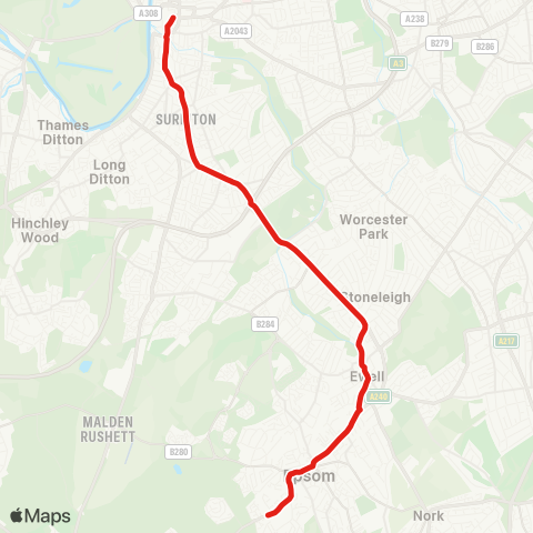 TfL Kingston - Kingston Univ - Surbiton Hill Rd - Ewell Rd - Tolworth - Kingston Rd - Ewell Village - E St - Epsom map