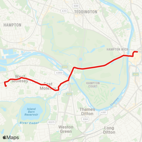 TfL Kingston - Hampton Court Rd - Hampton Court Palace and Sta - Bridge Rd - Walton Rd - Molesey - W Molesey map