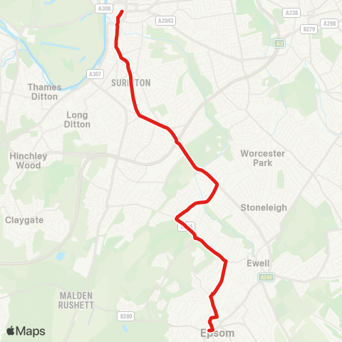 TfL Kingston - Kingston Univ - Surbiton Hill Rd - Ewell Rd - Tolworth - Ruxley Ln - W Ewell - Longmead Rd - Hook Rd - Epsom map