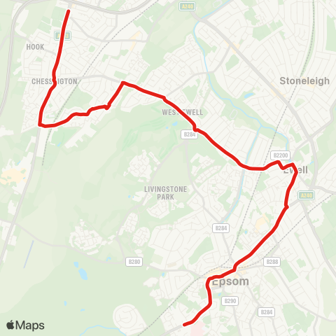 TfL Hinchley Wood Sch - Hook - Chessington - Epsom - Epsom Hosp map