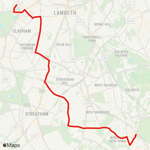 TfL Crystal Palace - Norwood Crown Point - Leigham Court Rd - Streatham Hill Sta - Clapham Pk - Kings Av - Clapham Common map