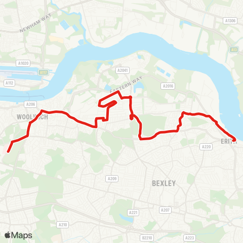 TfL Woolwich Common, Queen Elizabeth Hosp - Woolwich - Plumstead - Abbey Wood - Woolwich Rd - Picardy Rd - Belvedere Sta - Erith map