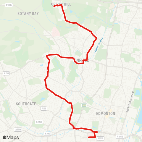 TfL Crews Hill - Willow Rd - Enfield - Highlands Village - Winchmore Hill - Firs Ln - Hedge Ln - Edmonton (Cambridge) - N Middlesex Hosp map