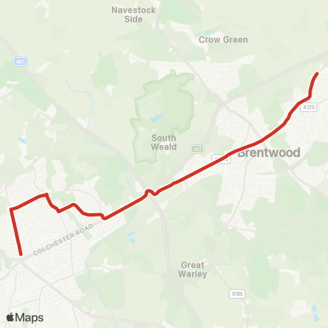 TfL Gallows Corner - Hilldene Av - Harold Hill - Brentwood - Shenfield HS map