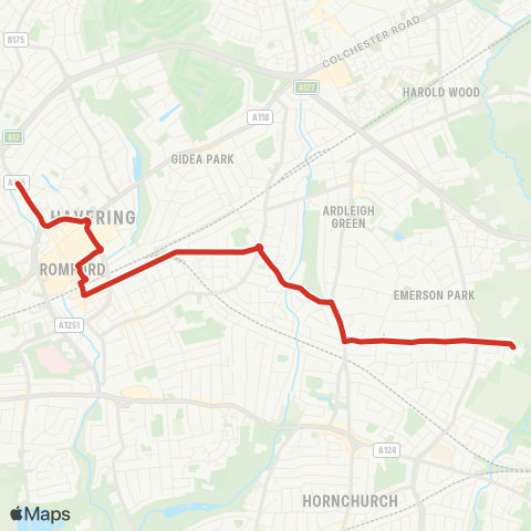 TfL Romford, N St Bus Garage - Romford - Gidea Pk - Emerson Pk Sch map