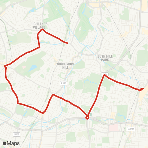 TfL Winchmore Hill - Southgate - Palmers Green - Hedge Ln - Edmonton (Cambridge) - Great Cambridge Rd - Edmonton Green map