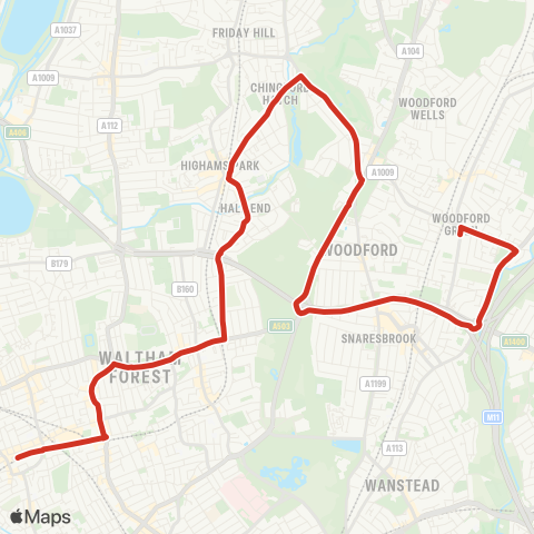 TfL Walthamstow, St James St - Walthamstow Central - Forest Rd - Highams Pk - Woodford Green - Woodbridge HS map