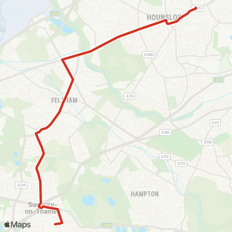 TfL Sunbury, St Paul's Sch - Lower Feltham - Feltham - Hounslow Heath - Hounslow, Bus Sta map