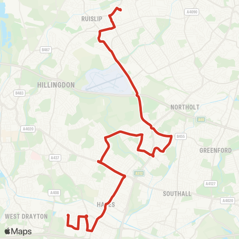 TfL Hayes, Bourne Av - Hayes - Yeading - Ruislip Gardens - Ruislip Manor - Bishop Ramsey Sch map