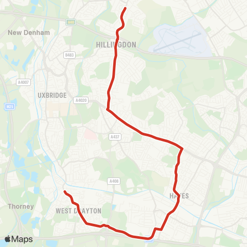 TfL W Drayton - Shepiston Ln - Hayes & Harlington Sta - Church Rd - Hayes End - Long Ln - Hillingdon Sta - Ickenham map