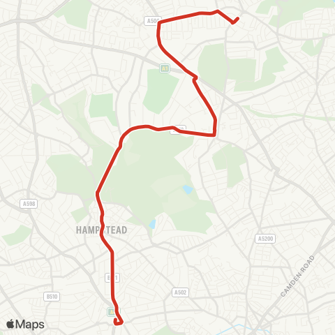 TfL Muswell Hill - E Finchley - Highgate - Spaniards Rd - Whitestone Pond - Hampstead Sta - Fitzjohns Av - Swiss Cottage map