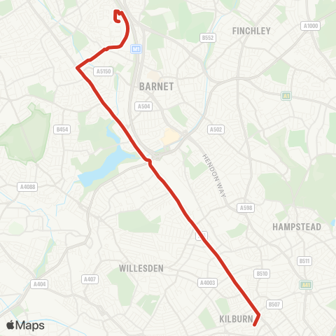 TfL Grahame Pk, Corner Mead - Colindale - W Hendon - Staples Corner - Cricklewood Bway - Brondesbury - Kilburn - Kilburn Pk map