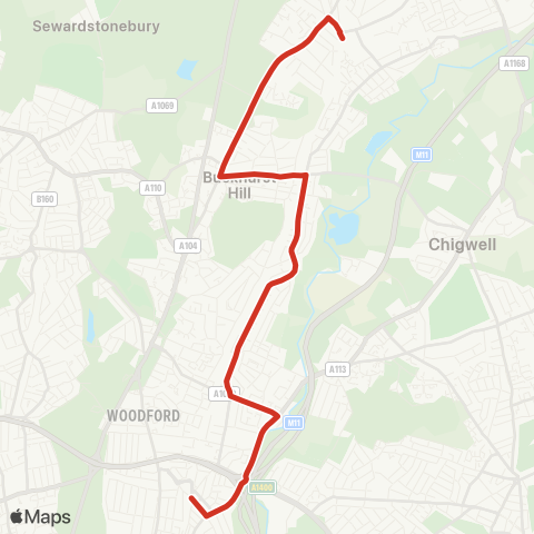 TfL S Woodford - Woodford - Roding Val - Buckhurst Hill Sta - Palmerston Rd - Loughton map