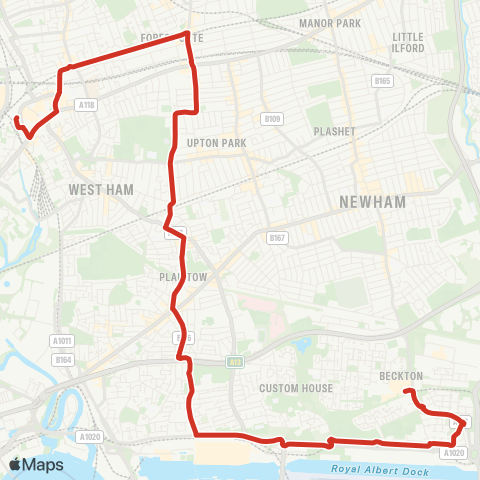 TfL Stratford - Upton Ln - Plashet - Plaistow - Custom House - Prince Regent - Cyprus - Beckton, Bus Sta map