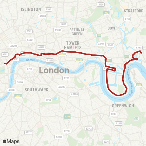 TfL Trafalgar Square - Bank - Aldgate - Limehouse - Canary Wharf - Island Gardens - Cubitt Town - Leamouth - Canning Town map