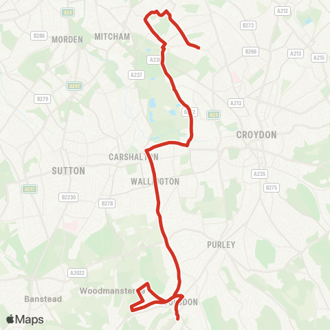 TfL Coulsdon S - Woodmansterne Sta - Clock House Estate - Woodcote - Wallington - Beddington - Mitcham Eastfields - Pollards Hill map