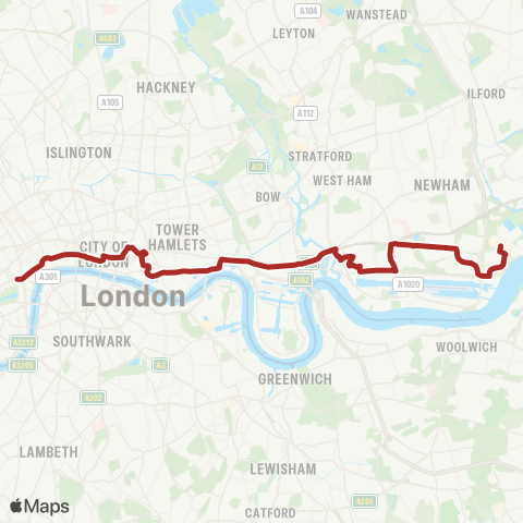 TfL Trafalgar Square - Aldwych - Bank - Aldgate - The Hwy - Limehouse - Canning Town - Keir Hardie Estate - Custom House - Beckton - Gallions Reach, Shopping Pk map