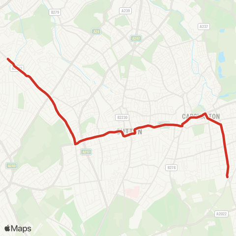 TfL Worcester Pk - Cheam - Sutton - Carshalton - Wallington - Wallington HS map