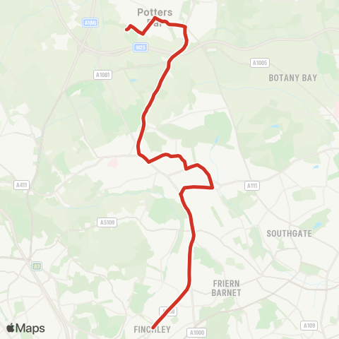 TfL Finchley Central - N Finchley - Whetstone - Longmore Av - New Barnet - Barnet - Dame Alice Owen's Sch map