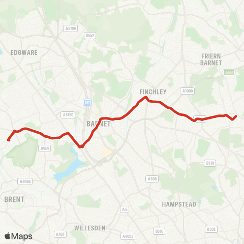 TfL Muswell Hill - E Finchley - Finchley Central - Hendon - W Hendon - Kingsbury map