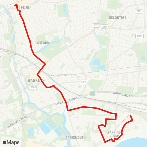 TfL Ilford Sta - Loxford - Barking - Movers Ln - Thames View Estate - Barking Riverside map