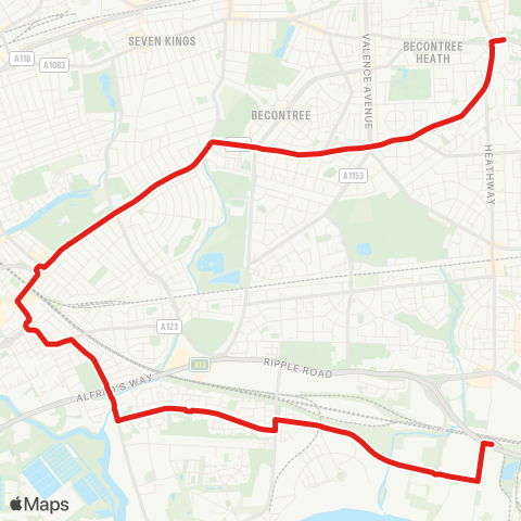 TfL Becontree Heath - Longbridge Rd - Faircross - Barking Sta and Town Ctr - Movers Ln - Thames View Estate - Choats Rd - Dagenham Dock map