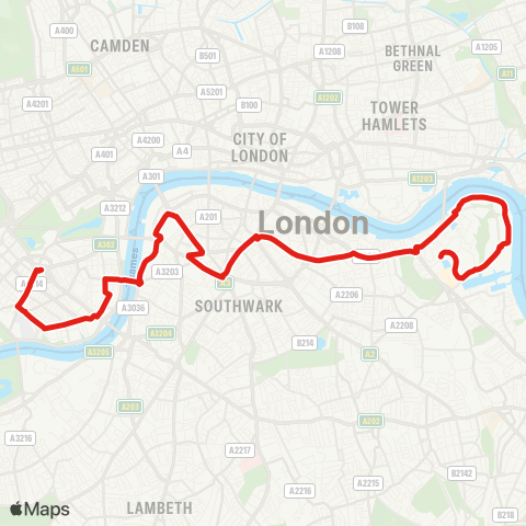 TfL Canada Water - Rotherhithe - Bermondsey - Long Ln - Borough Sta - Elephant & Castle - Waterloo - St Thomas Hosp - Pimlico - Victoria map