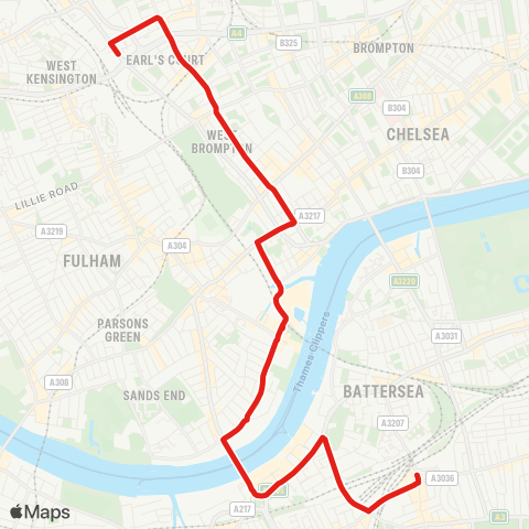 TfL Clapham Jct - Chelsea - Earl's Court map