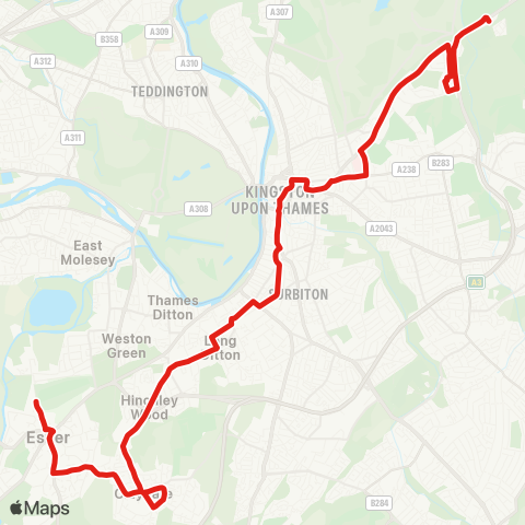 TfL Roehampton Vale - Kingston Hosp - Norbiton - Kingston - Surbiton - Hinchley Wood - Claygate - Esher map