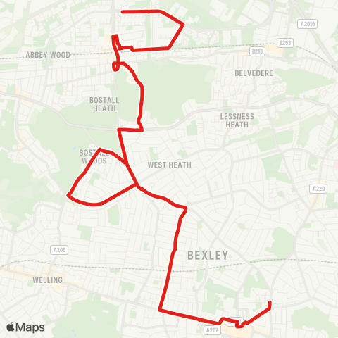 TfL Bexleyheath, Bus Garage - Bexleyheath Sta - Lodge Hill - New Rd - Abbey Wood - Alsike Rd - S Thamesmead, Yarnton Way map